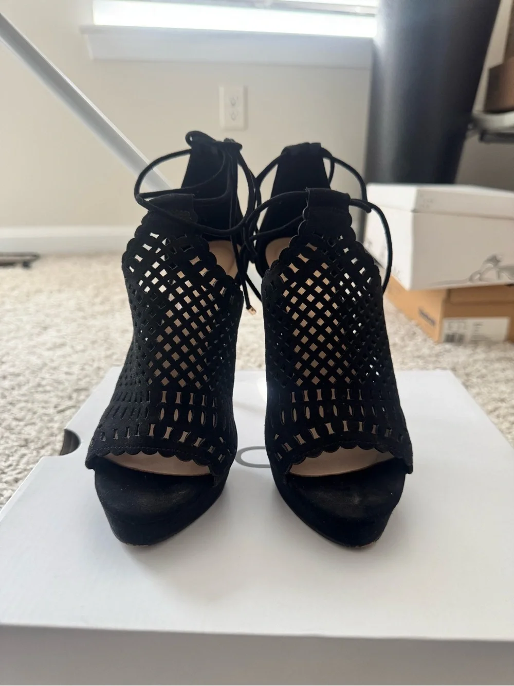Aldo Black Laser-Cut Lace-Up Stiletto Heels